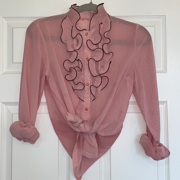 Tops - Vintage 60s 70s retro ruffle button down long sleeve button pink down blouse